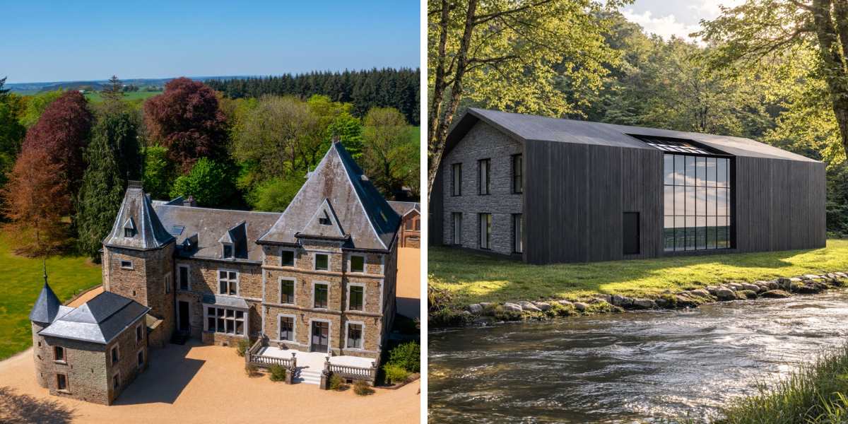 Château dans les Ardennes et bâtiment contemporain au bord d'une rivière